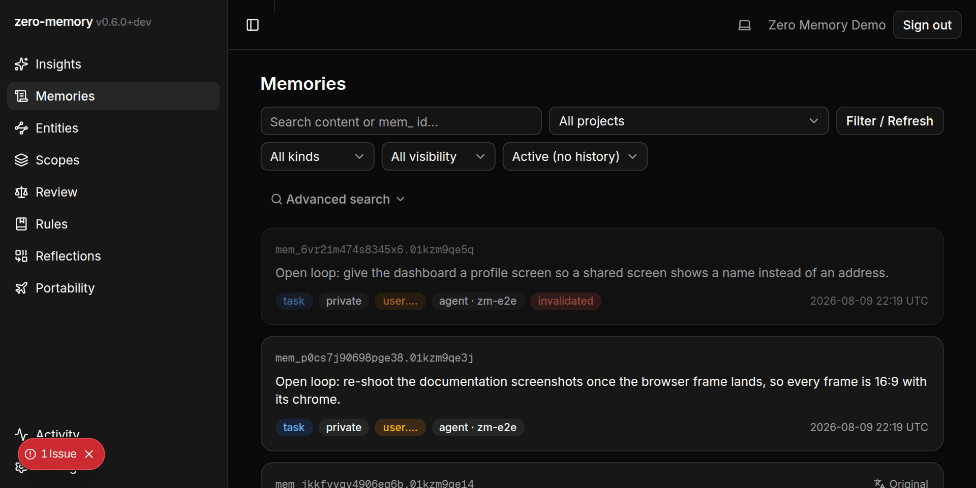 Dashboard memory feed in dark theme showing the shadcn-based component system