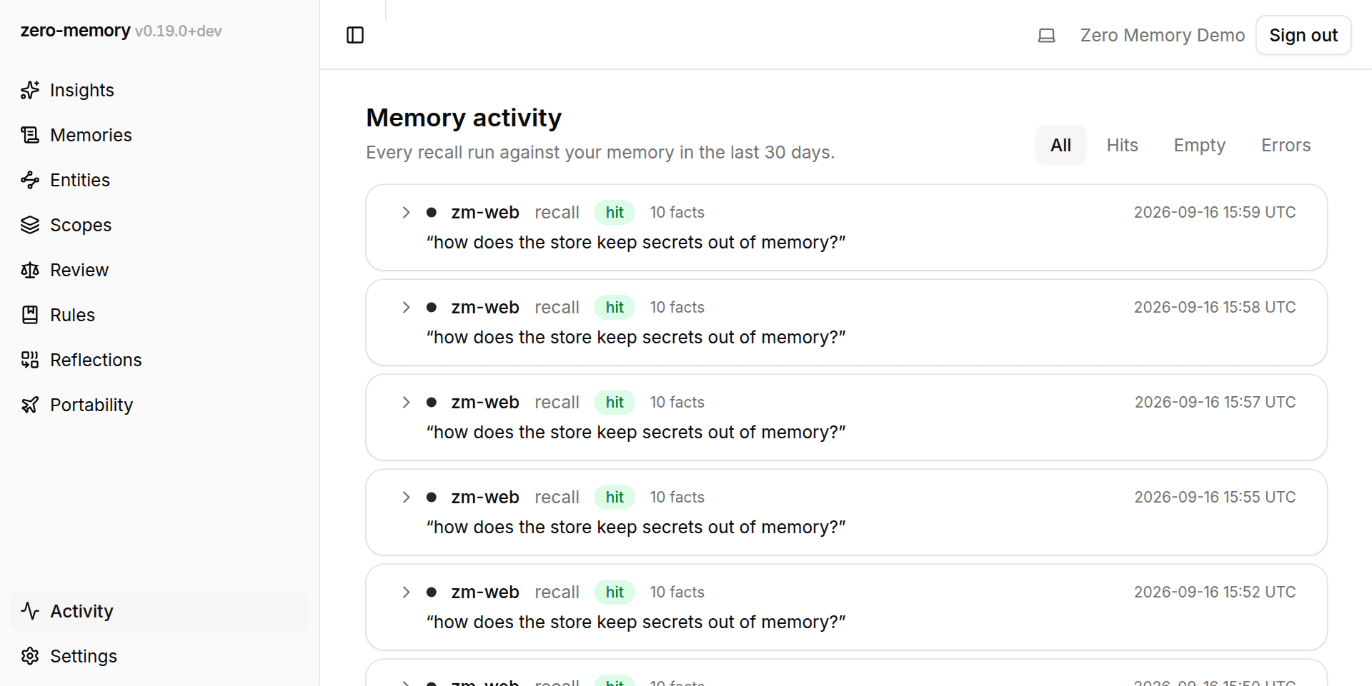 The memory activity log with agent-attributed recall entries, hit/empty/error badges, and outcome filters
