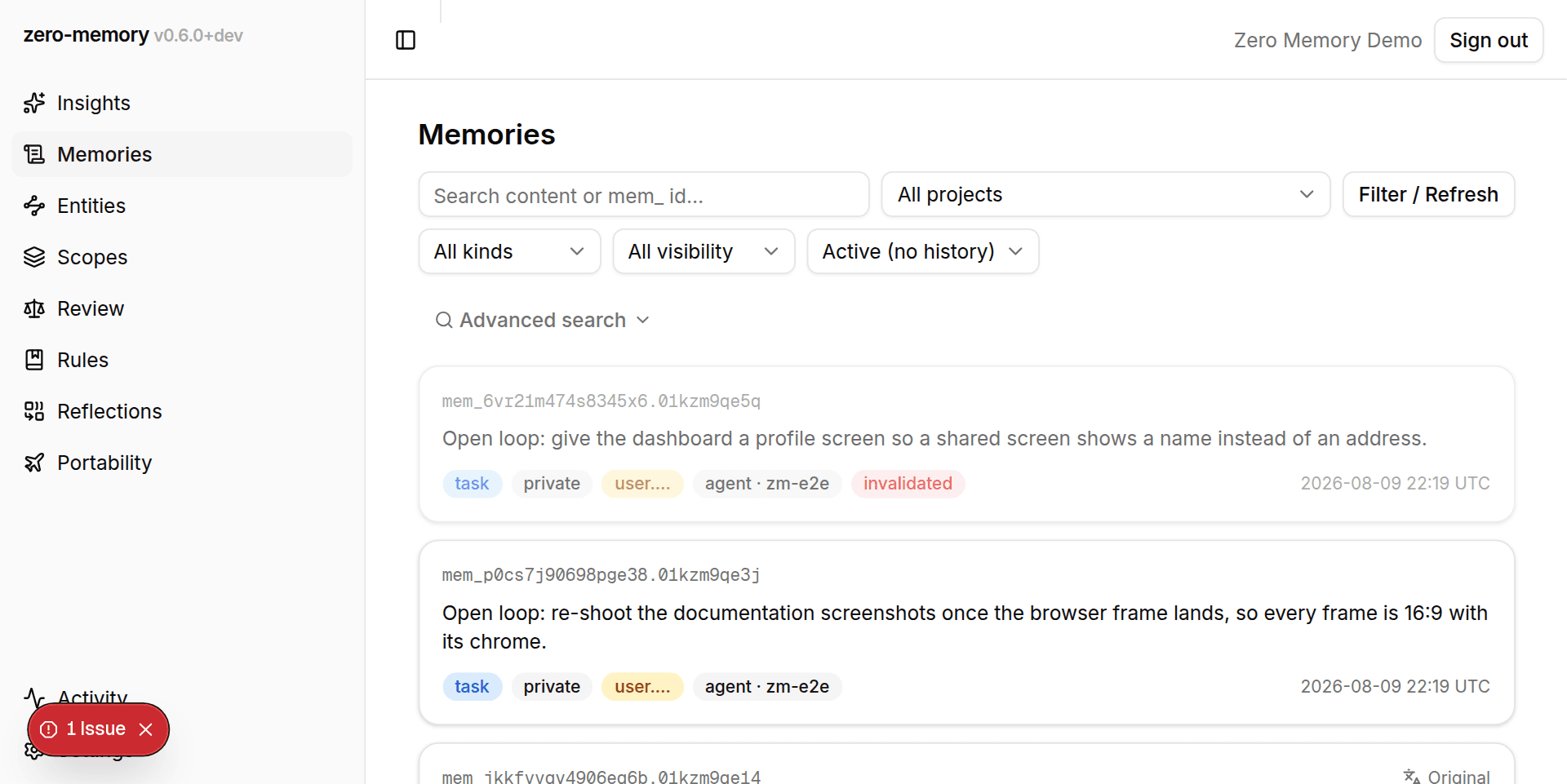 The Memories landing screen with the left nav, filter bar, and a populated memory feed