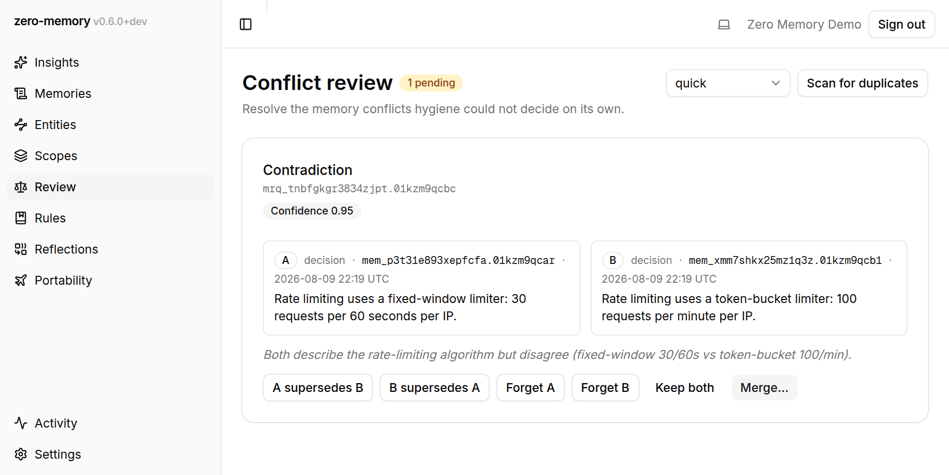Dashboard review queue with a candidate pair side by side, judge verdict and rationale visible, action buttons (keep both / supersede / forget / merge)