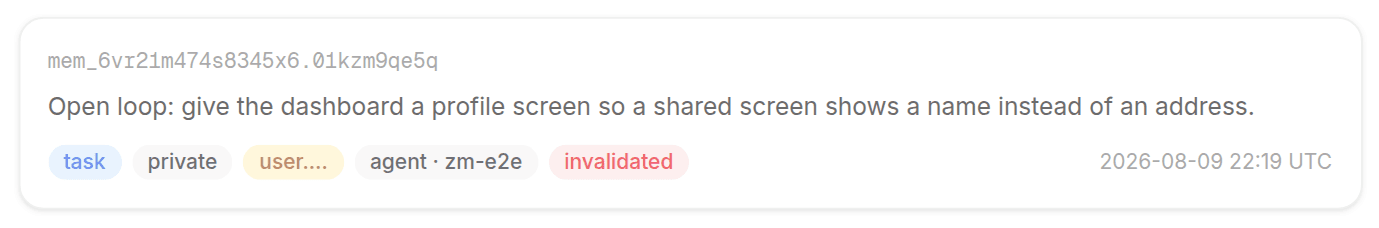 A memory card in the dashboard feed with the author_kind · client badge visible
