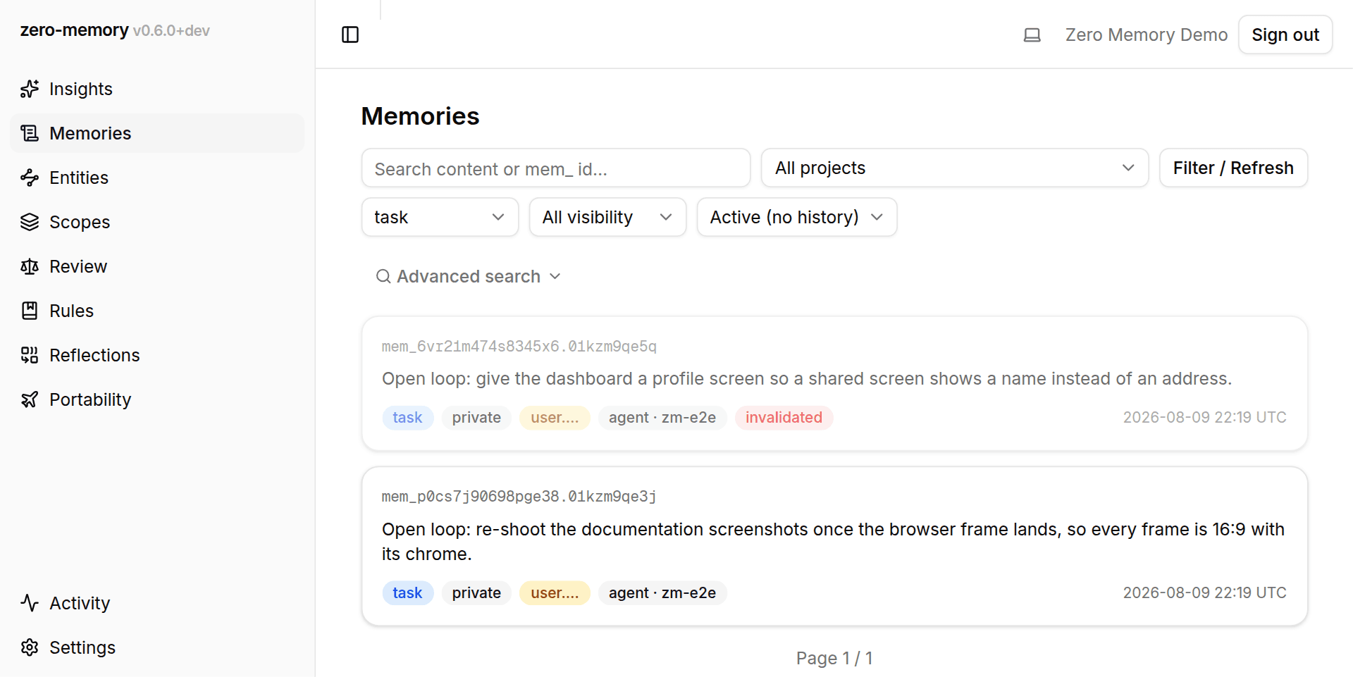 Dashboard memories feed filtered to kind task/open-question, showing an active and a closed loop