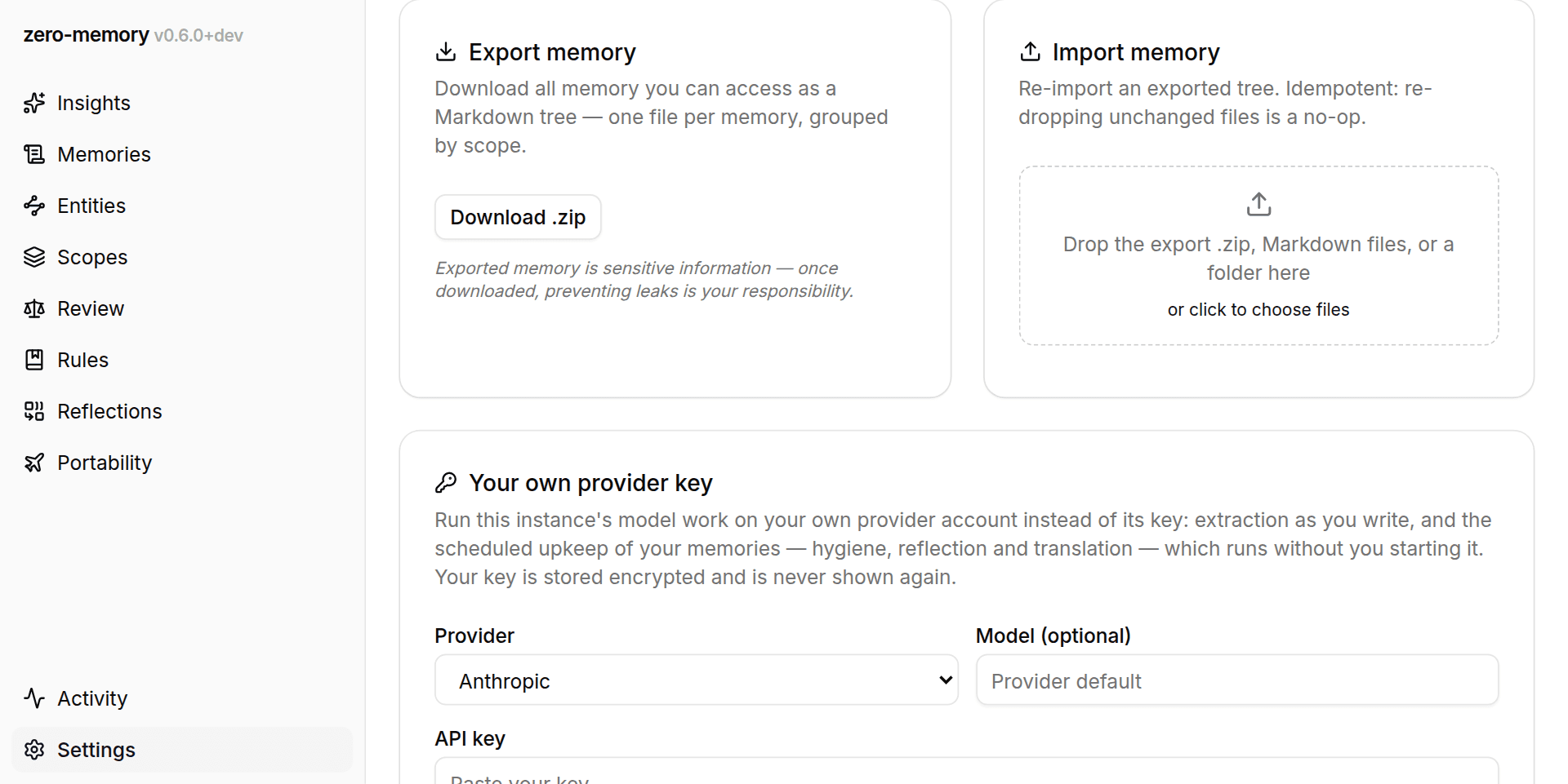 Settings page, memory panel with the export (zip download) and import drop-zone