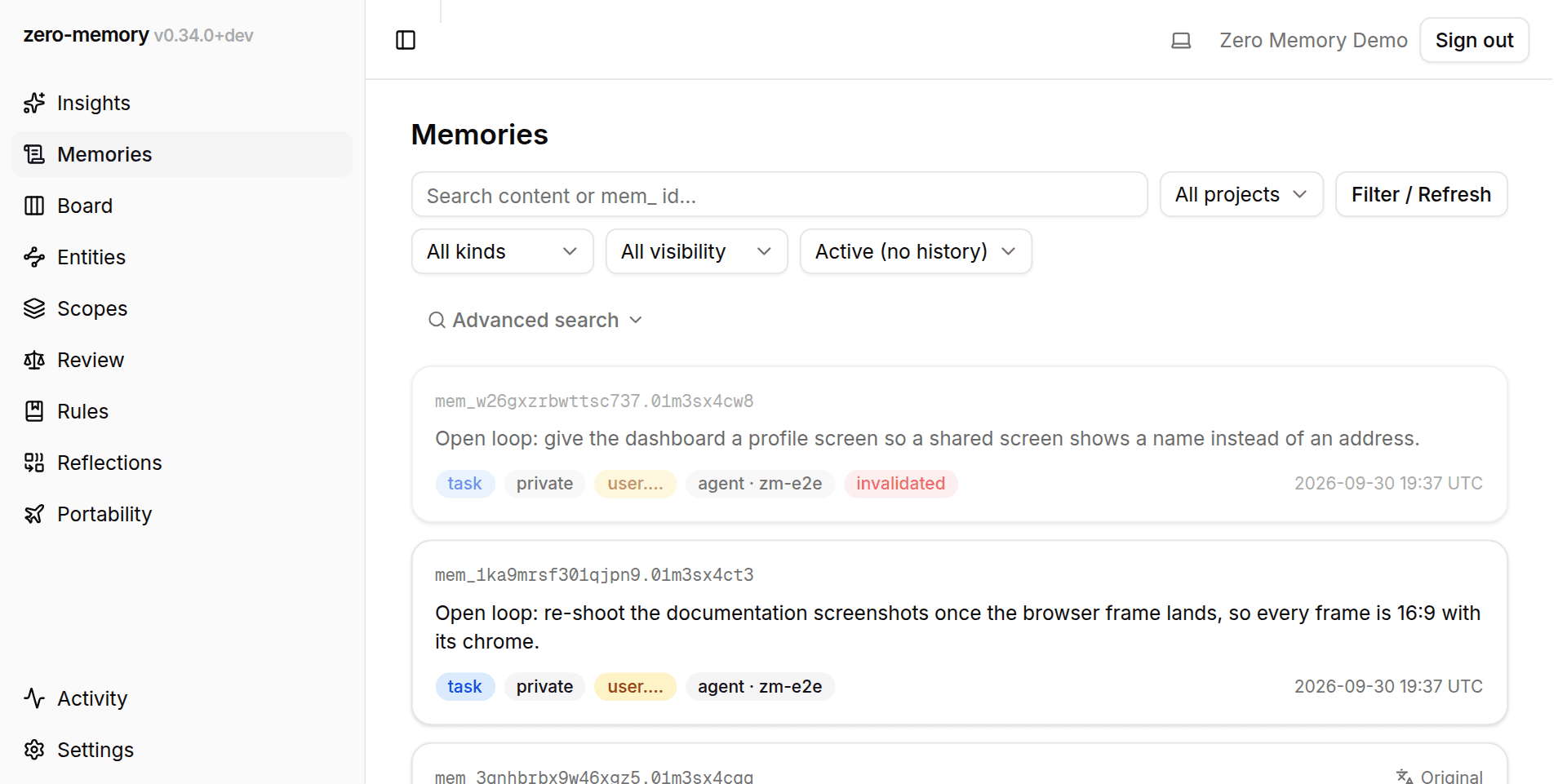 The Memories landing screen with the left nav, filter bar, and a populated memory feed