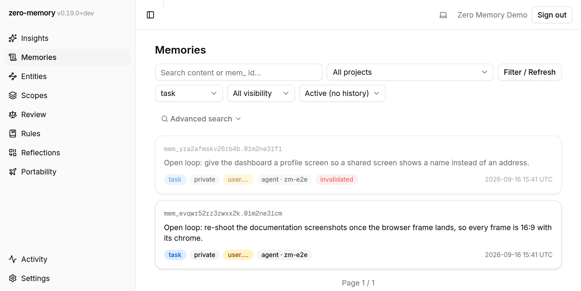 Dashboard memories feed filtered to kind task/open-question, showing an active and a closed loop